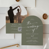 Boho Olive Green Foto QR Code Arch Wedding Einladung