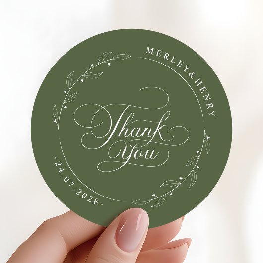 Boho Olive Green Wedding Thank You Favor Runder Aufkleber