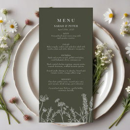 Boho Olive Green Wildblume Wedding Flat Menu Menükarte