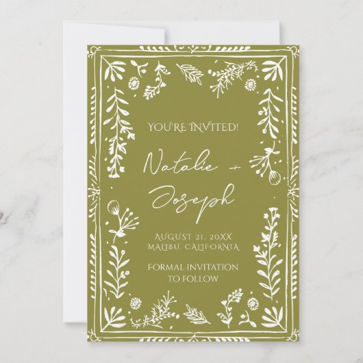 Boho Olive Handgezeichneter Blumengarten - Save-th Save The Date (Rückseite)