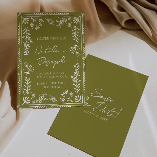 Boho Olive Handgezeichneter Blumengarten - Save-th Save The Date