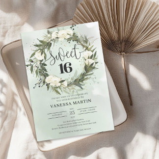 Boho Olive Kranz Weiße Rosen 16 . Geburtstag Einladung