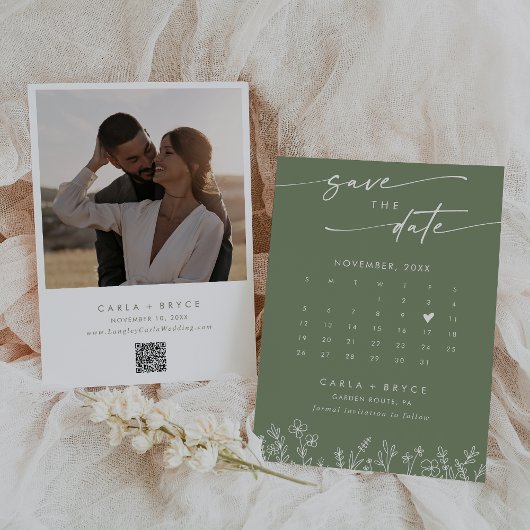 Boho Olive Wildflower QR-Code Foto-Kalender  Save The Date