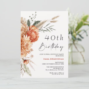 Boho Orange Beige Floral 40. Geburtstag Einladung