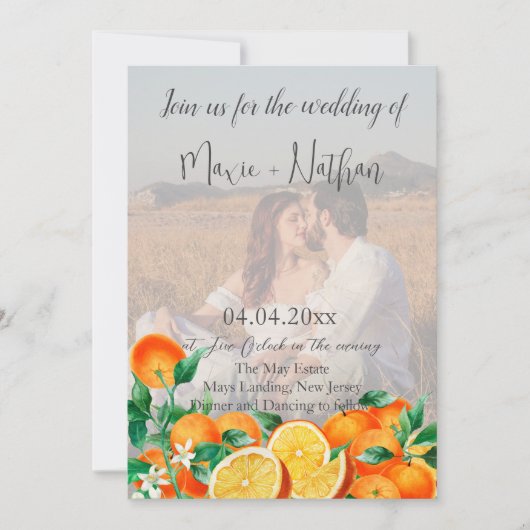 Boho Orange Blossom Foto QR Code Wedding Einladung (Vorderseite)