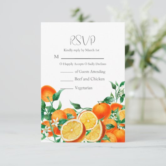 Boho Orange Blossom QR Code Wedding RSVP Karte (Stehend Vorderseite)