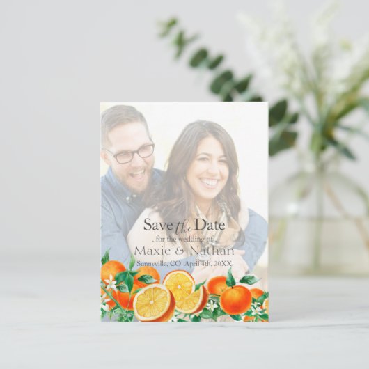 Boho Orange Blossom Save the Date Foto QR-Code Postkarte (Stehend Vorderseite)