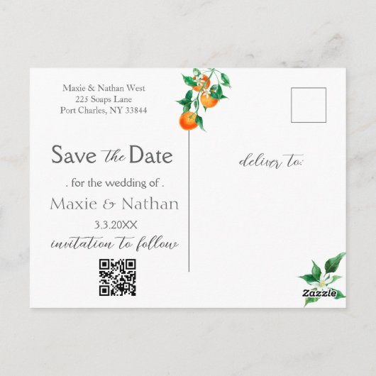 Boho Orange Blossom Save the Date Foto QR-Code Postkarte (Rückseite)