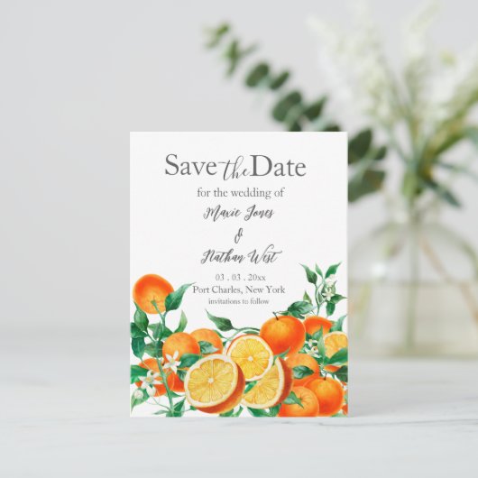 Boho Orange Blossom Save the Date Postkarte (Stehend Vorderseite)