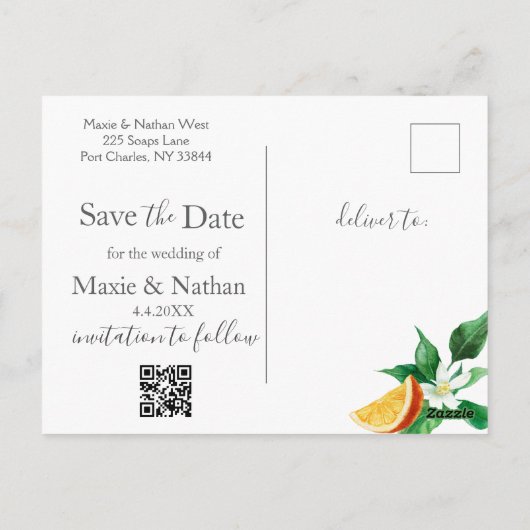 Boho Orange Blossom Save the Date Postkarte (Rückseite)