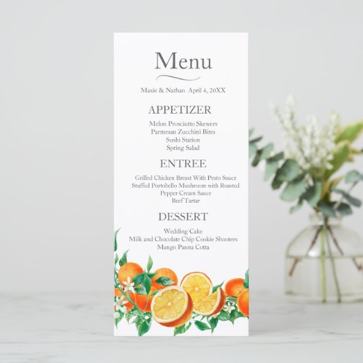 Boho Orange Blossom Wedding Menükarte (Stehend Vorderseite)