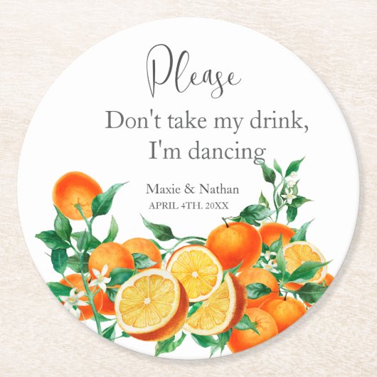 Boho Orange Blossom Wedding Runder Pappuntersetzer (Vorderseite)