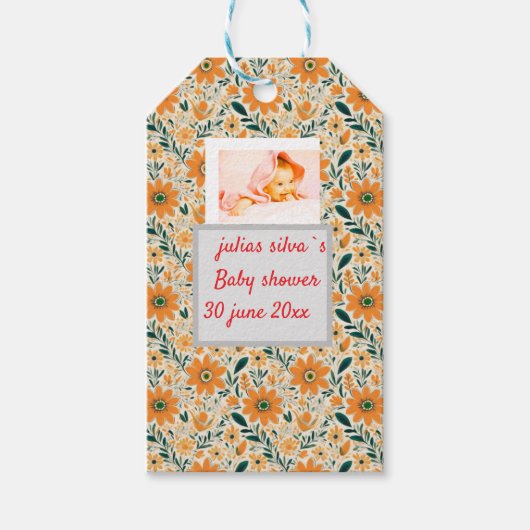 Boho orange Blume Babydusche Papiermaschine Napole Geschenkanhänger (Vorderseite)