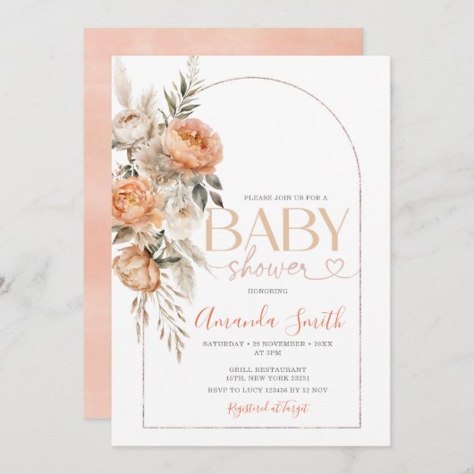 Boho Orange Blume Girl Baby Dusche Pampas Grass Einladung (Vorne/Hinten)