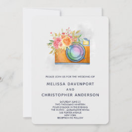 Boho Orange Camera & Blume Wasserfarbenhochzeit Einladung