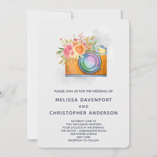 Boho Orange Camera & Blume Wasserfarbenhochzeit Einladung (Vorderseite)