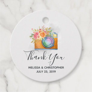Boho Orange Camera & Blume Wasserfarbenhochzeit Geschenkanhänger