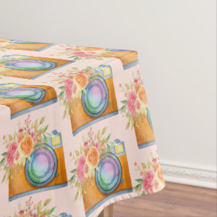 Boho Orange Camera & Blume Wasserfarbmuster Tischdecke
