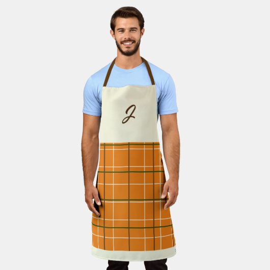 Boho Orange Chocolate Cream Green Grid Monogram Schürze (Getragen)