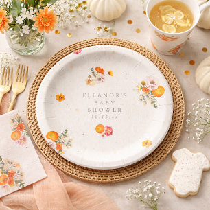 Boho Orange Cottagecore Florales Babyshower-Name Pappteller