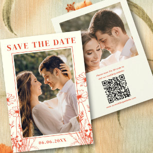 Boho Orange Floral Line Art 2 Foto QR Code Save The Date