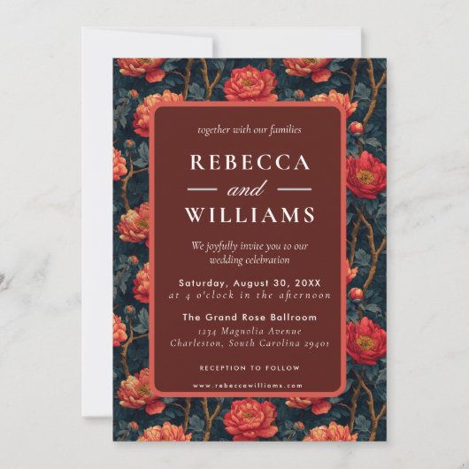 Boho Orange Floral Peonies Wedding Invitation Einladung (Vorderseite)