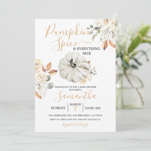 Boho Orange Floral Pumpkin Spice Fall Baby Dusche Einladung (Stehend Vorderseite)