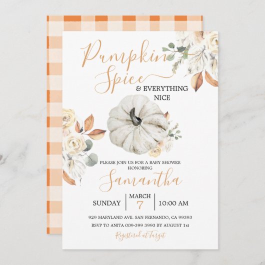 Boho Orange Floral Pumpkin Spice Fall Baby Dusche Einladung (Vorne/Hinten)