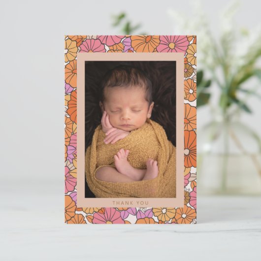 Boho Orange Floral Two Foto Babydusche Dankeskarte (Stehend Vorderseite)