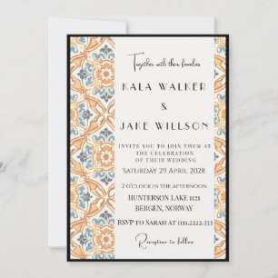Boho Orange Geometric Italian Tile + Border Einladung