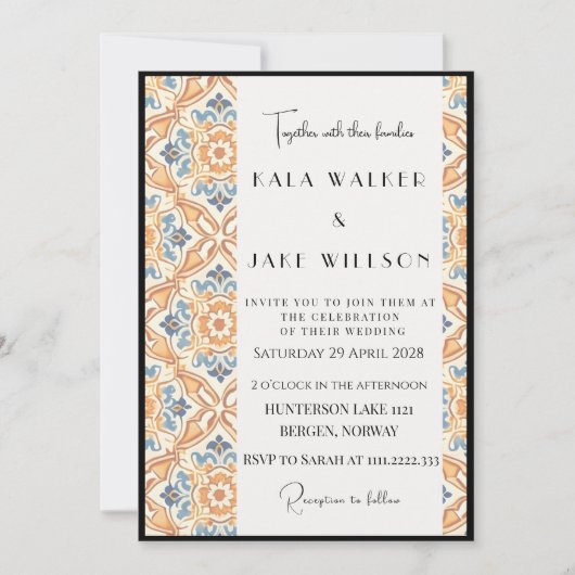 Boho Orange Geometric Italian Tile + Border Einladung (Vorderseite)