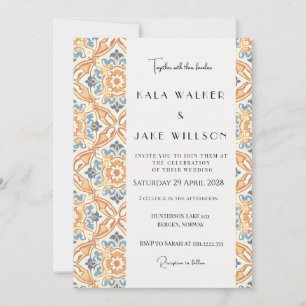Boho Orange Geometric Italian Tile Wedding Einladung