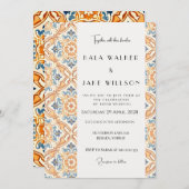 Boho Orange Geometric Italian Tile Wedding Einladung (Vorne/Hinten)