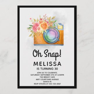 Boho Orange Kamera & Blume Aquarell Geburtstag Einladung