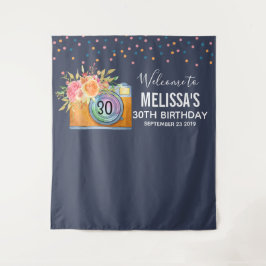 Boho Orange Kamera & Blume Aquarell Geburtstag Wandteppich