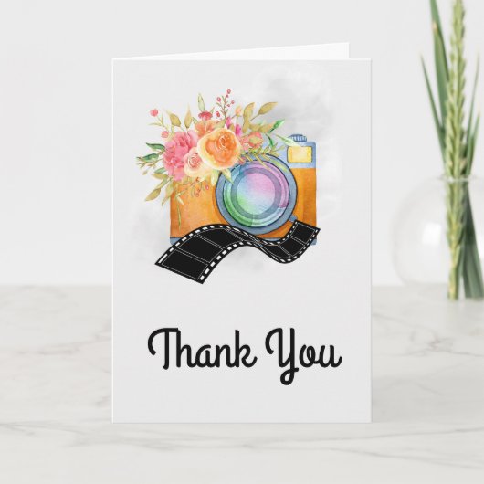 Boho Orange Kamera & Blume Aquarell Vielen Dank Karte (Vorderseite)