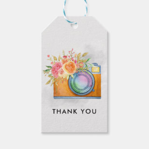 Boho Orange Kamera & Blumenstrauß Wasserfarbe Geschenkanhänger