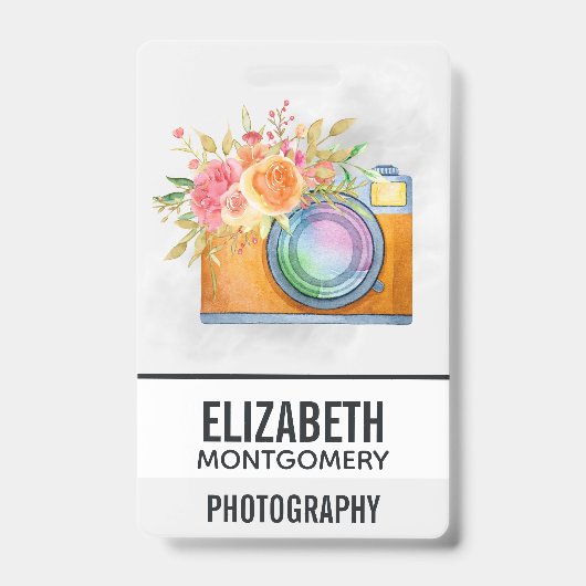 Boho Orange Kamera & Floral Bouquet Wasserfarbe Ausweis (Vorderseite)