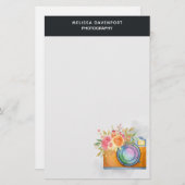 Boho Orange Kamera & Floral Bouquet Wasserfarbe Briefpapier (Vorne/Hinten)
