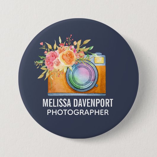 Boho Orange Kamera & Floral Bouquet Wasserfarbe Button (Vorderseite)