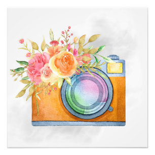 Boho Orange Kamera & Floral Bouquet Wasserfarbe Fotodruck
