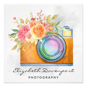 Boho Orange Kamera & Floral Bouquet Wasserfarbe Fotodruck