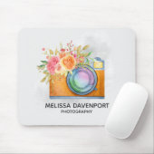 Boho Orange Kamera & Floral Bouquet Wasserfarbe Mousepad (Mit Mouse)