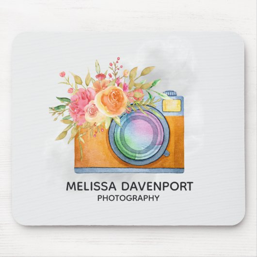 Boho Orange Kamera & Floral Bouquet Wasserfarbe Mousepad (Vorne)