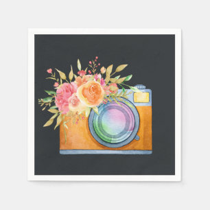 Boho Orange Kamera & Floral Bouquet Wasserfarbe Serviette