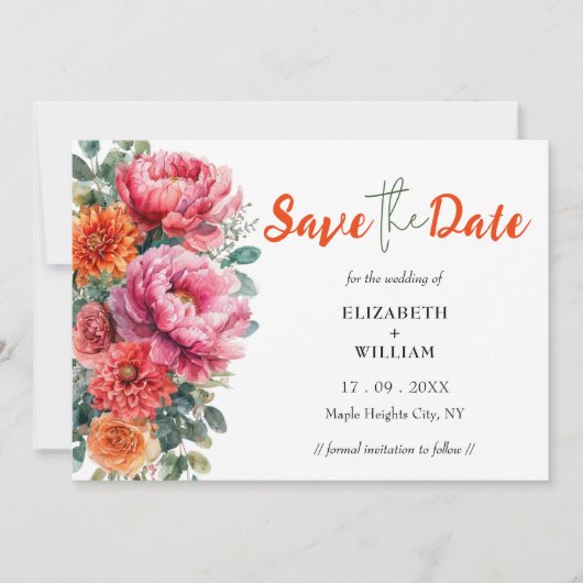 Boho Orange & Pink Floral Foto Initials Wedding Save The Date (Vorderseite)