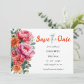 Boho Orange & Pink Floral Foto Initials Wedding Save The Date (Stehend Vorderseite)