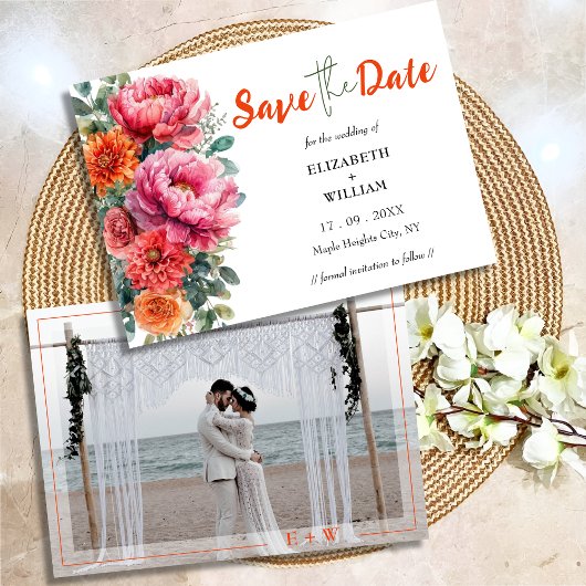 Boho Orange & Pink Floral Foto Initials Wedding Save The Date