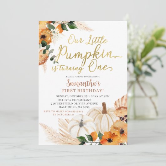 Boho Orange Pumpkin Birthday Einladung (Stehend Vorderseite)