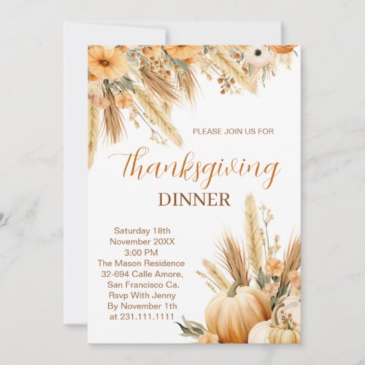 Boho Orange Pumpkin Erntedank Dinner Einladung (Vorderseite)